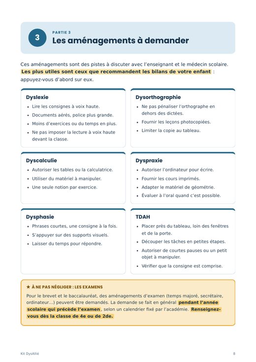 Page du guide : les aménagements par trouble