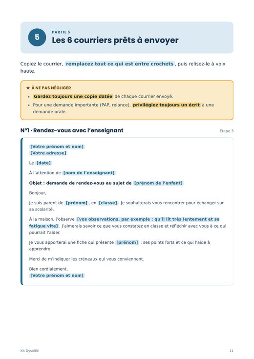 Page du guide : les courriers prêts à envoyer